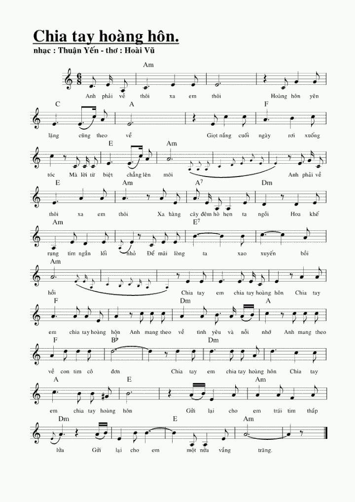 Sheet nhạc Chia Tay Hoàng Hôn